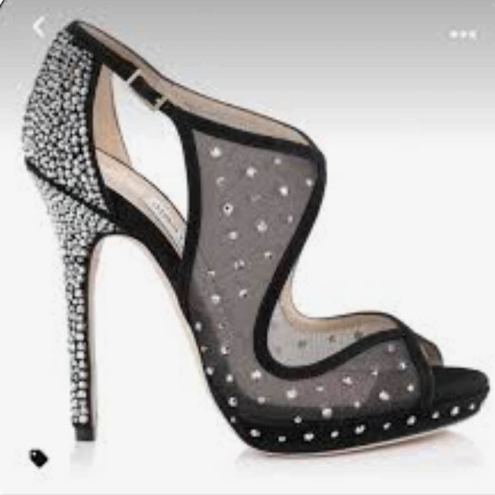 Jimmy Choo" Leondra" Black Suede& Semi- Sheer Mesh With Swarovski Crystals. 8.5 - Picture 12 of 16